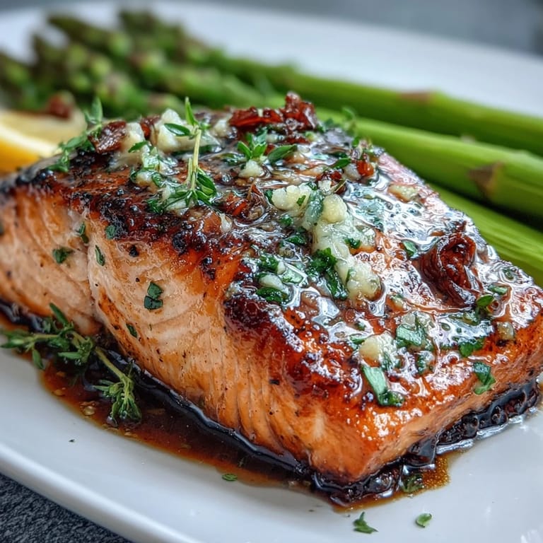 Succulent salmon and vibrant asparagus cooked in a rich garlic butter sauce, offering a simple yet elegant main dish perfect for quick weeknight meals.