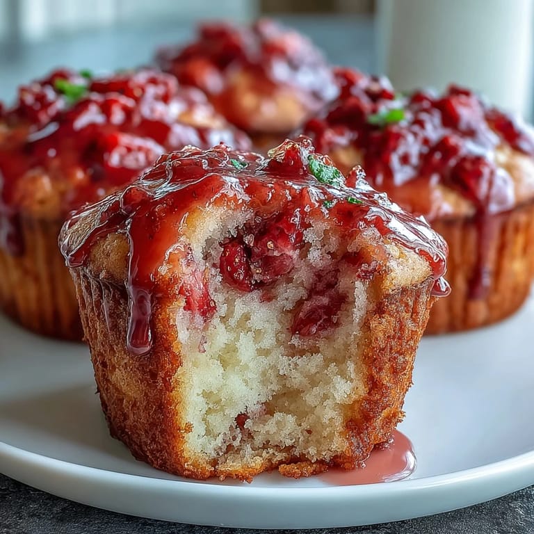 Bright and fluffy strawberry lemon muffins with sweet glaze: a perfect balance of juicy berries and citrus, ideal for spring breakfast or brunch.