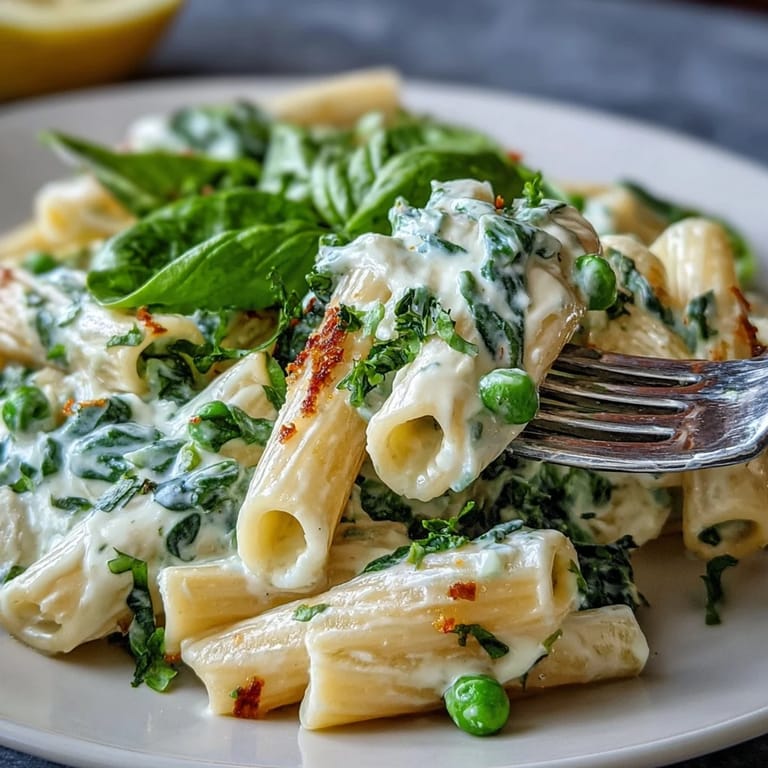 Bright and creamy lemon ricotta pasta dish with tender peas and wilted spinach, ideal for a comforting vegetarian meal.