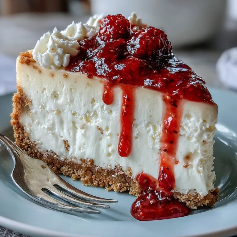 This easy no-bake cheesecake features a smooth cream cheese filling and a fresh raspberry coulis, perfect for Mother's Day celebrations.