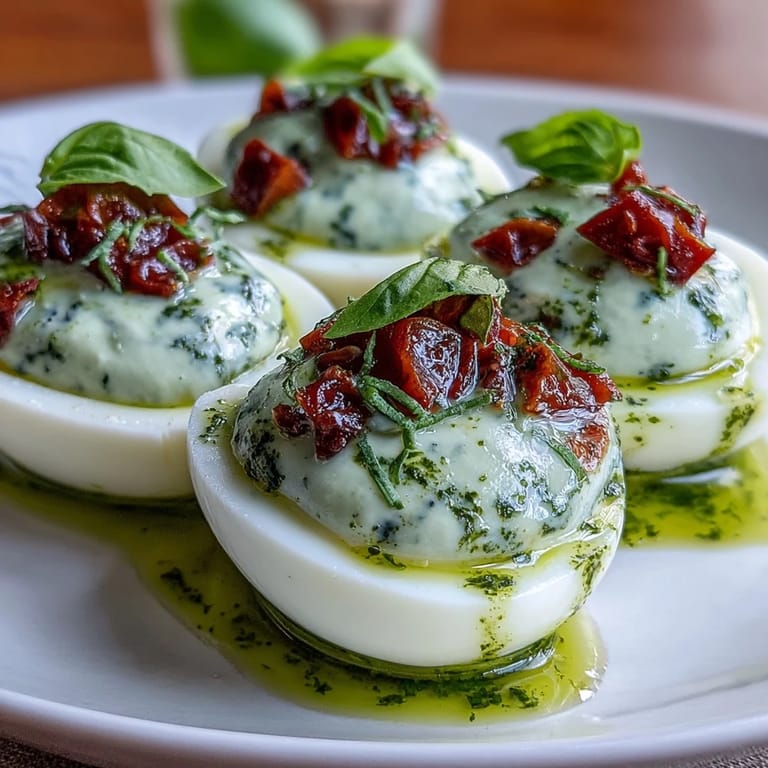 Classic deviled eggs with a Caprese twist, featuring basil-infused olive oil, cherry tomatoes, and creamy mozzarella garnish.
