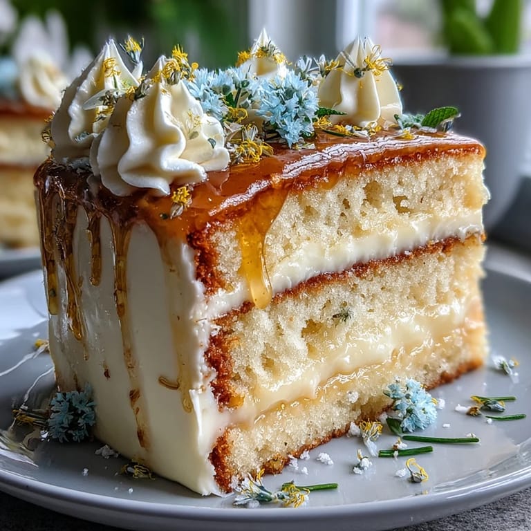 Festive Mother's Day lemon curd cake featuring fluffy layers, creamy frosting, and colorful edible flowers for a special dessert.