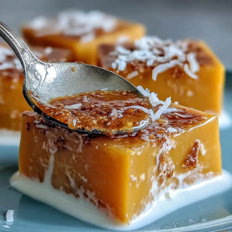 Bright golden mango jelly cubes, delicately set with agar-agar and layered over rich coconut cream.  