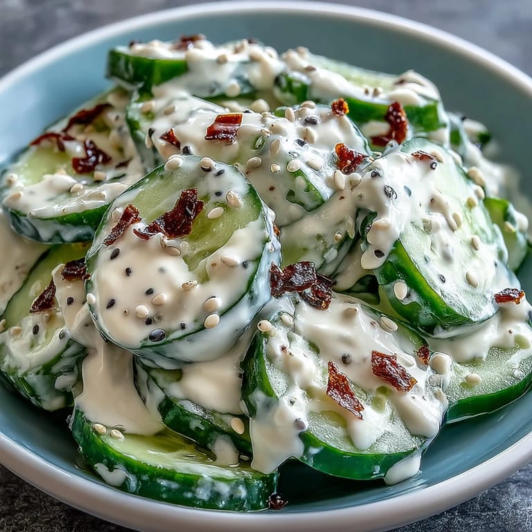 Refreshing viral cucumber salad featuring creamy dressing and savory everything bagel crunch.