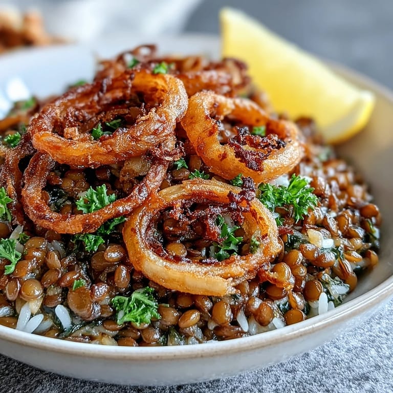 A rustic bowl of Levantine Mujadara, showcasing tender lentils, perfectly cooked rice, and crunchy, fried onion topping.