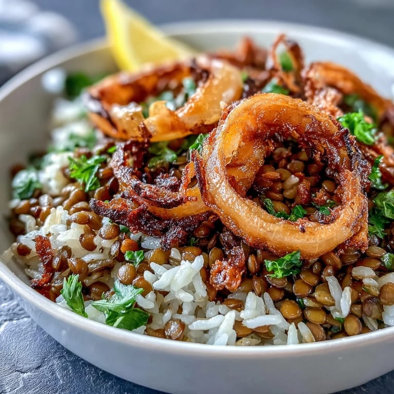 Hearty Levantine Mujadara piled high with fragrant rice, lentils, and irresistibly crispy fried onions, ready to serve.