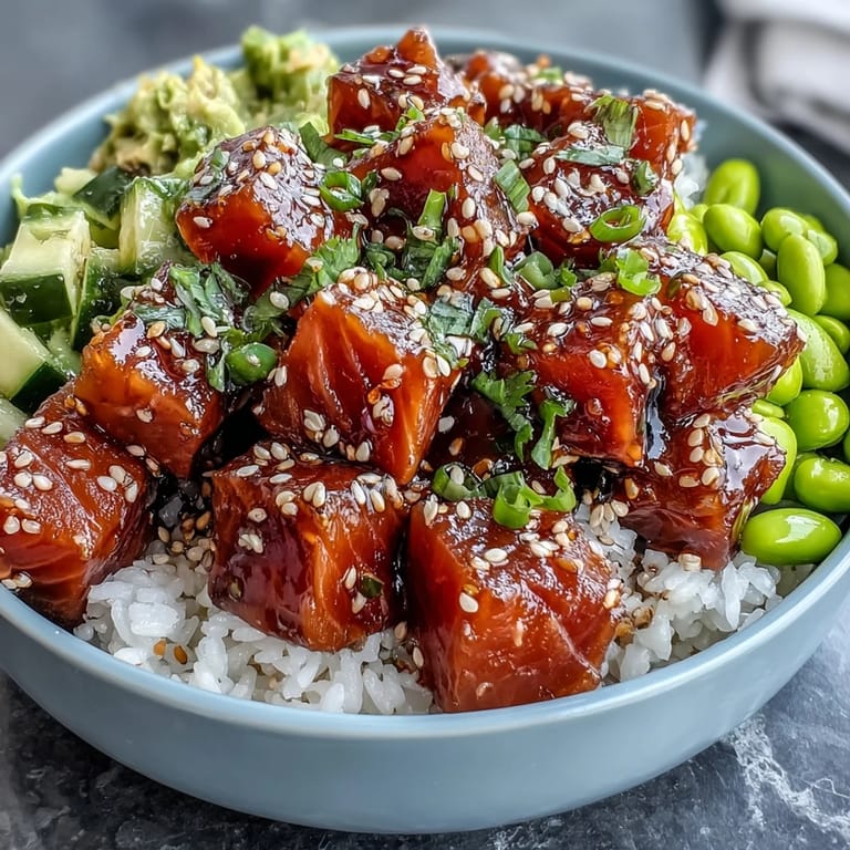 Fresh Hawaiian poke bowl piled high with colorful veggies and marinated salmon.