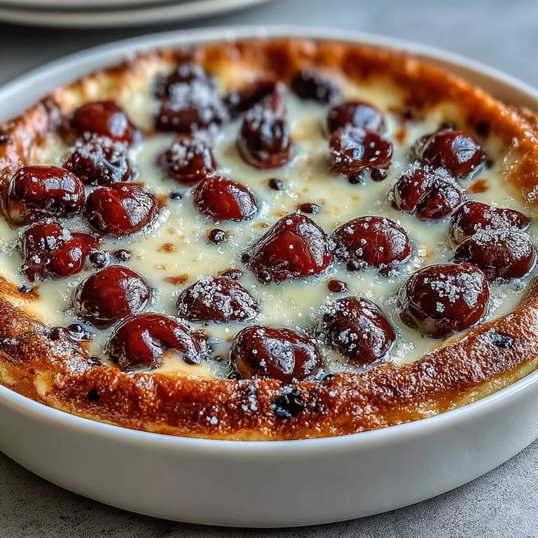 Warm French cherry clafoutis dessert dusted with powdered sugar, a perfect treat.