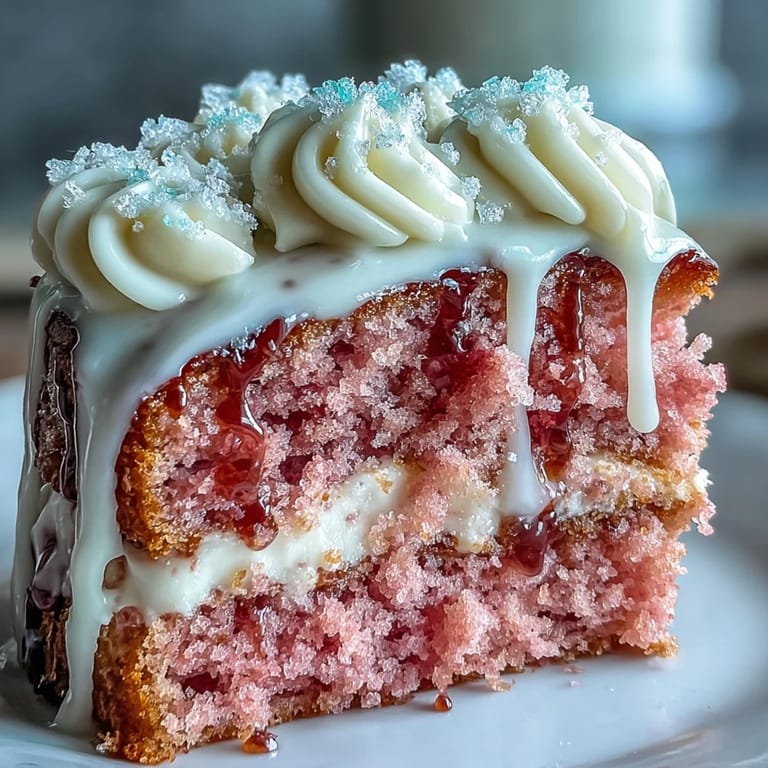 Decadent pink cake featuring rosé wine, topped with creamy frosting.