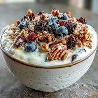 Creamy yogurt bowl topped with vibrant winter berries and warm spiced granola crunch.