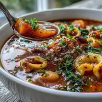 A close-up of Winter Minestrone Soup With Butternut Squash and Kale, with tender vegetables and pasta swimming in a rich red tomato broth.