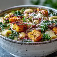 Steaming Fall Minestrone with pancetta, butternut squash, and ditalini pasta in a rustic bowl.
