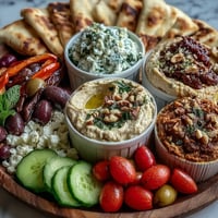 Mediterranean Brunch Board with Dips and Flatbreads is arranged on a rustic board with creamy hummus, baba ganoush, and tzatziki, plus crisp veggies, feta, and warm pita for dipping.