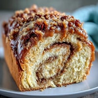 Freshly baked Caramel Cream Cheese Bread reveals a sweet caramel swirl and creamy white cheesecake filling on a wire cooling rack.