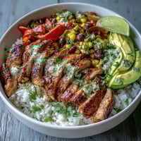 Cajun Chicken Bowl with juicy sliced chicken, fluffy rice, peppers, corn, and black beans topped with avocado and fresh lime.