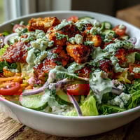 Close-up of a vibrant Buffalo Chicken Bowl featuring juicy sauced chicken, crisp lettuce, cherry tomatoes, carrots, and creamy ranch drizzle.