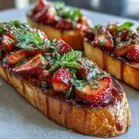 Fresh strawberry bruschetta with balsamic and mint on toasted baguette slices, garnished with mint leaves and a drizzle of balsamic glaze. Perfect summer appetizer.