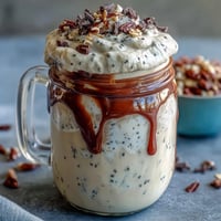 Vanilla Bean Frappuccino Overnight Oats jar with creamy vanilla oats, coffee drizzle, and whipped cream topping.