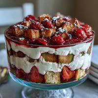 Layered strawberry shortcake trifle with juicy berries and whipped cream, perfect for a festive Mothers Day dessert table.