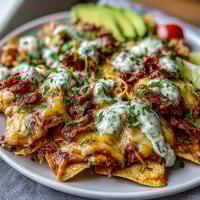 Crispy tortilla chips smothered in a rich, creamy cheese sauce, perfect for game day snacking.