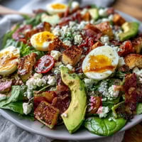 Vibrant Spring Cobb Salad with Strawberries and Avocado, featuring juicy berries, creamy avocado, and crisp greens for a fresh seasonal dish.  