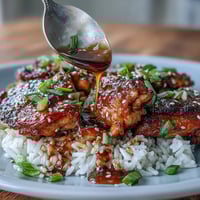 Juicy honey garlic chicken thighs simmered in a sweet-savory sauce, served over fluffy jasmine rice.  