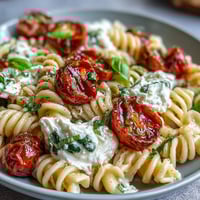 Caprese Pasta with Burrata: Creamy burrata melts over fresh tomato pasta with fragrant basil and garlic.
