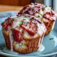 Strawberry lemon muffins with glaze: golden, tender muffins bursting with fresh strawberries and zesty lemon, topped with a tangy lemon drizzle.