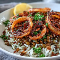 Levantine Mujadara with fluffy rice, earthy lentils, and a generous pile of golden crispy onions.